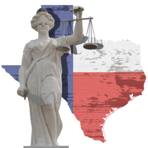 Scales of justice and TX graphic